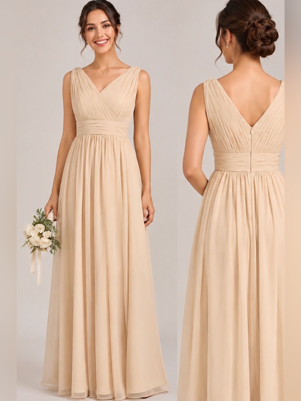 NWT JJ’s House Empire V-Neck Floor-Length Champagne Chiffon Formal Dress | 14
